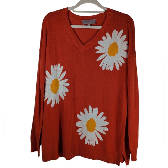 Laurie Felt Cashmere Blend Orange Red Daily Print V-Neck Sweater Size S - Picture 3 of 13